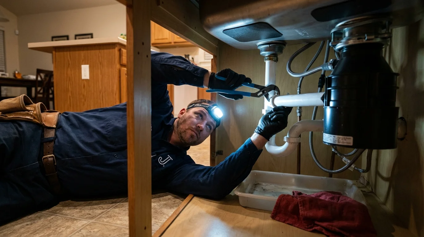 P-trap and supply line connections under a kitchen sink showing a common leak point in Ball Ground, GA